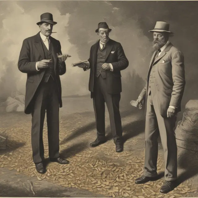 A Baptist preacher and a Bootlegger discuss tobacco taxes, surrounded by tobacco leaves and gold coins, symbolizing the moral crusade against smoking and economic benefits of continued consumption.