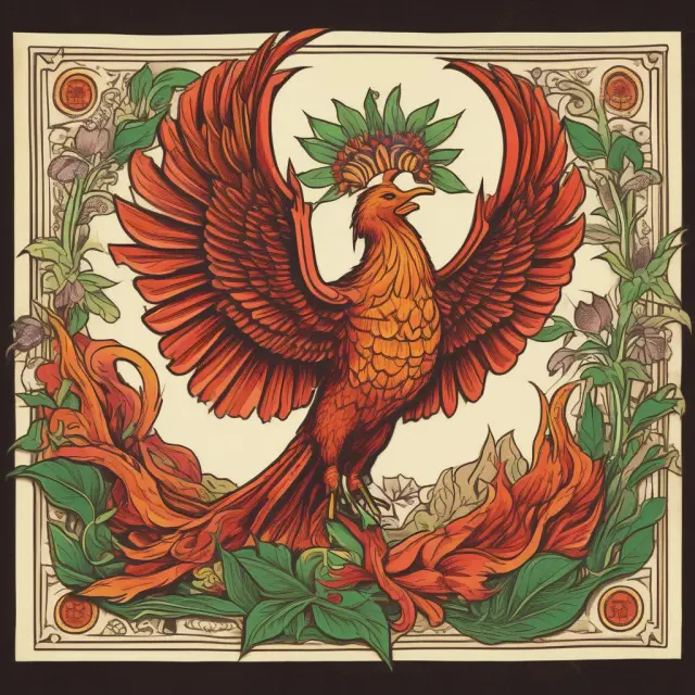 Phoenix turning tobacco leaves into blooming flowers, representing progress, transformation and public health benefits