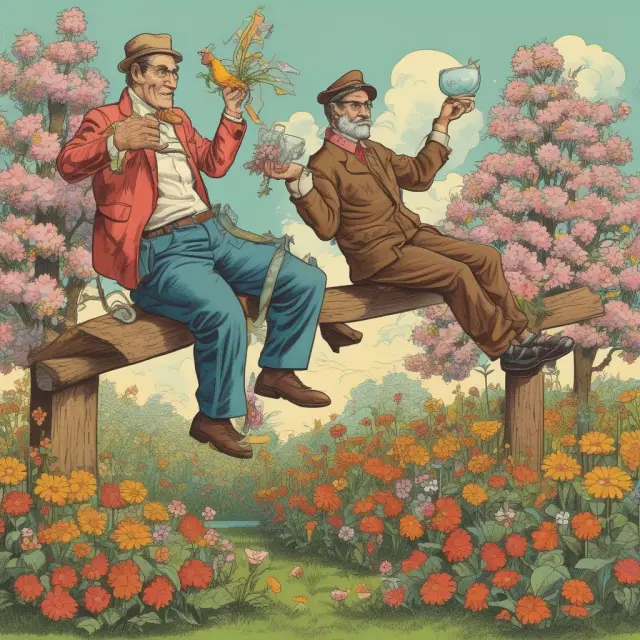 Moral crusaders and economic opportunists in a seesaw, with tobacco being passed between them, surrounded by blooming healthcare flowers representing the intended revenue for public services