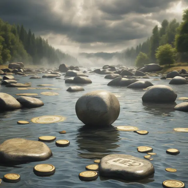 Imagery of global currency rivers with Tobin tax turbulence stones representing the ongoing debate surrounding the relevance and effectiveness of this proposed tax in modern financial markets