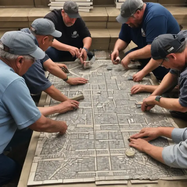 Image of syndicate members constructing a beautiful mosaic depicting tombstones, symbolizing their involvement in the creation and distribution of an advertisement