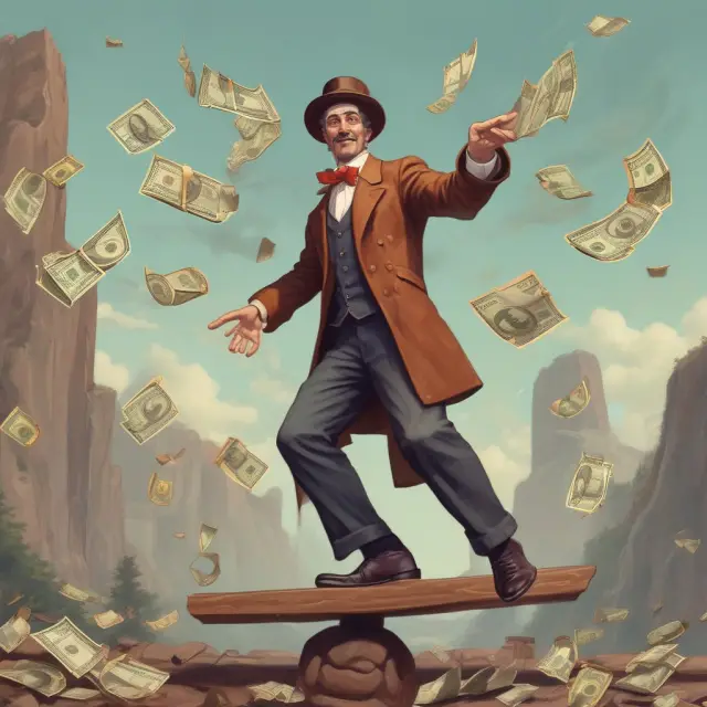 Trader skillfully balancing currencies on a seesaw during tom next transactions. Juggling EUR and USD involves interest rate calculations for rollover.