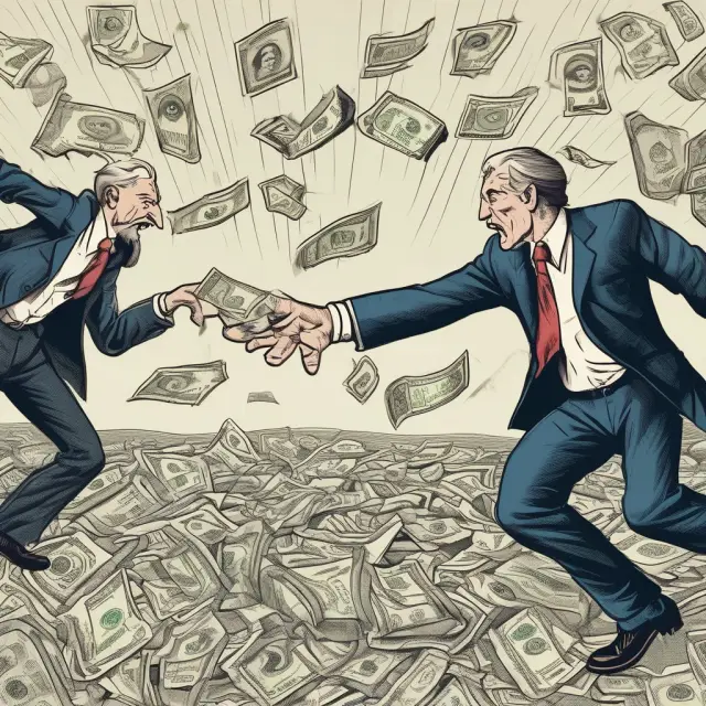 An elegant ballroom scene with two dancers representing the US dollar and the Euro, their movements reflecting interest rate differences influencing tom-next transactions