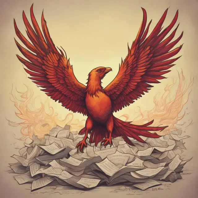 An image of a majestic phoenix rising above a pile of old, crumpled papers representing past scandals, illustrating tontines