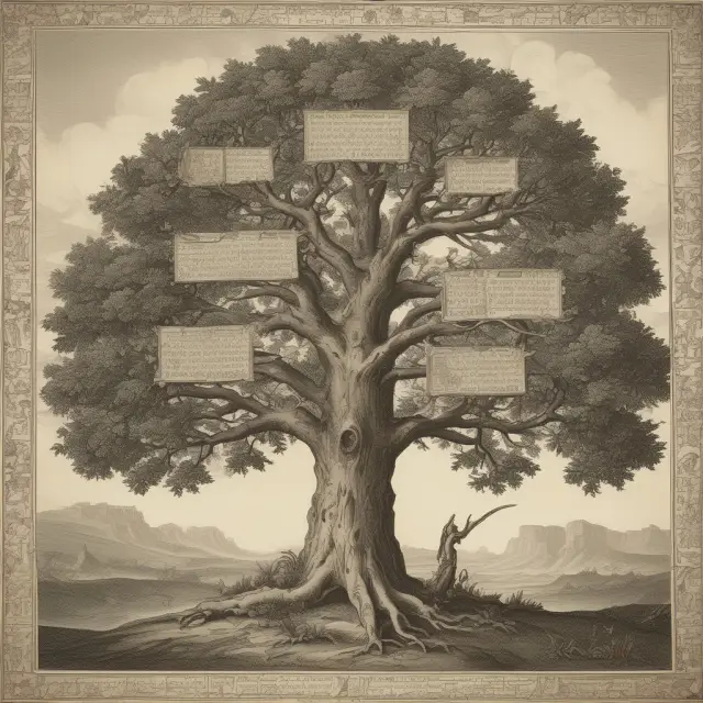 An image of a modern tech tree growing in the center, surrounded by ancient scrolls and parchments representing historical tontines
