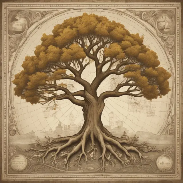 Golden tree with tontine roots and financial charts, depicting Tontines