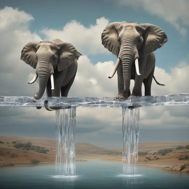 Two large elephants precariously standing on a crystal bridge, representing 
