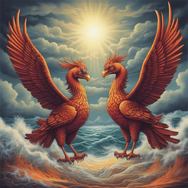 Two mythical phoenixes rising from a turbulent sea, symbolizing Dodd-Frank and TARP