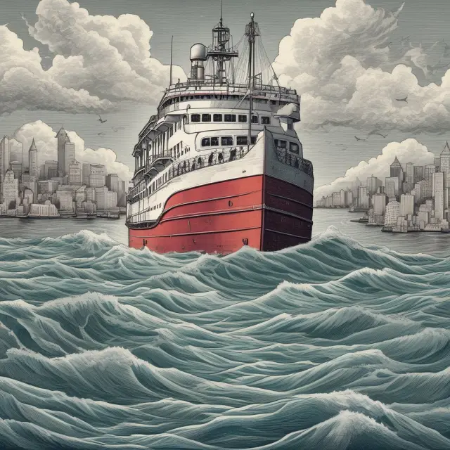 A boat representing government bailouts steering through rough waters surrounded by giant ships symbolizing significant financial institutions