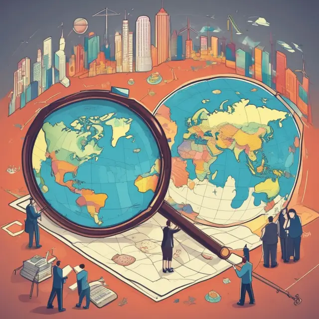 An investor inspects a world map with a magnifying glass, revealing economic hotspots and high-performing sectors