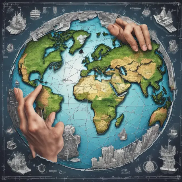 A 3D puzzle depicting the global economy as interconnected sectors and regions, with a wise portfolio manager guiding pieces to optimal positions