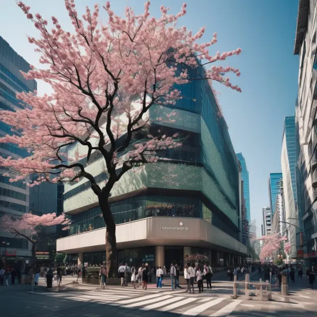 Tokyo Stock Exchange as a massive cherry blossom tree symbolizing Japanese companies listed on it; capitalization weights depicted as branches bearing TOPIX indices