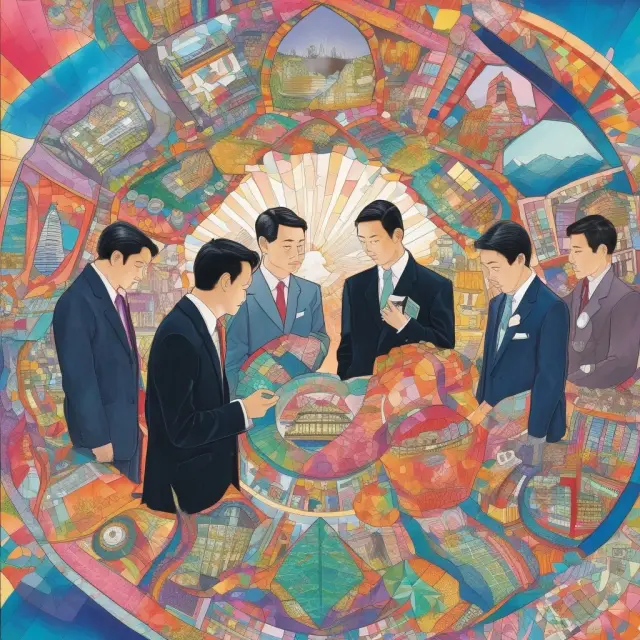 Institutional investors exploring the various sectors of TOPIX through a kaleidoscope, representing the diverse Japanese economy and its stock market offerings.