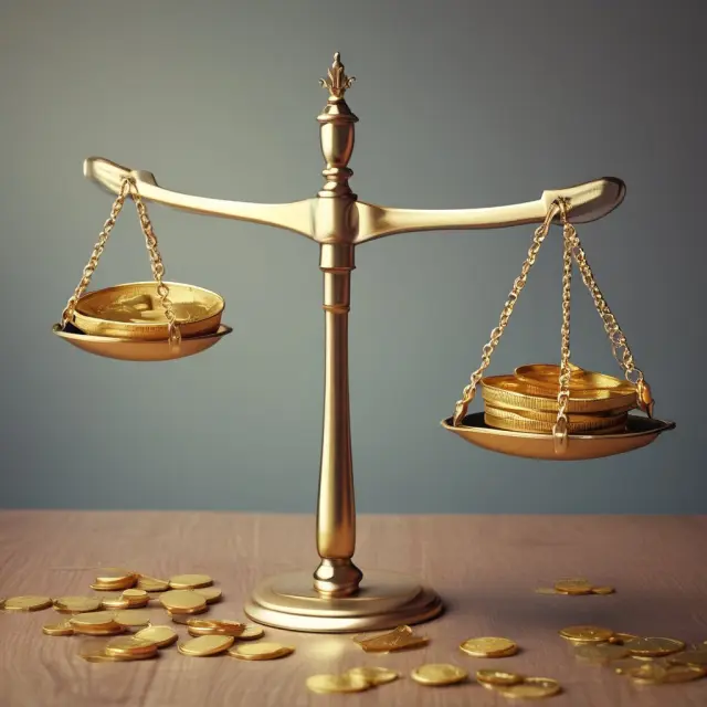 Scales with golden coins representing sales, revenue, and gross profit