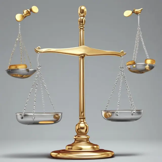 Golden scales represent top line (revenue), while silver coins signify bottom line (profits). Balancing the scales illustrates growth and profitability.