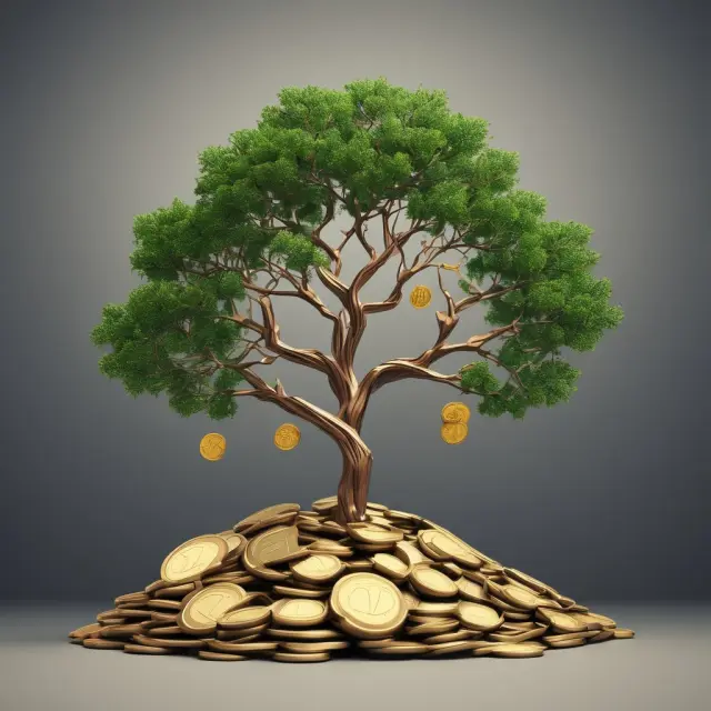 A growing tree adorned with coins represents companies