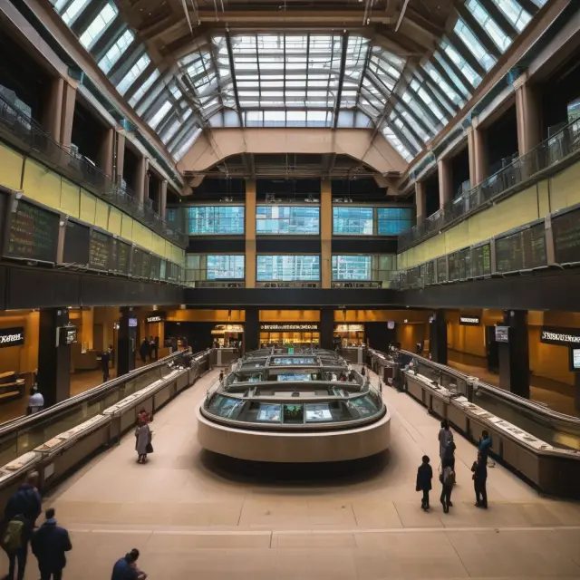 A bustling Toronto Stock Exchange, symbolizing ideas exchanged for growth through various instruments, with the S&P/TSX Composite Index as a blooming sunflower.
