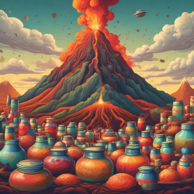 An erupting volcano spews jars of products, representing strict liability for manufacturers and sellers.