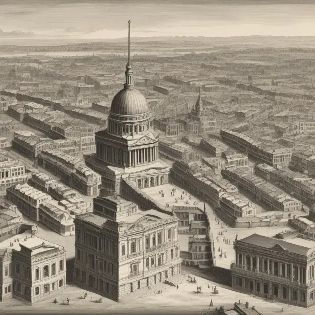 Three famous tort law cases represented as towering monuments in an American landscape, symbolizing their significant impact on the evolution of tort law