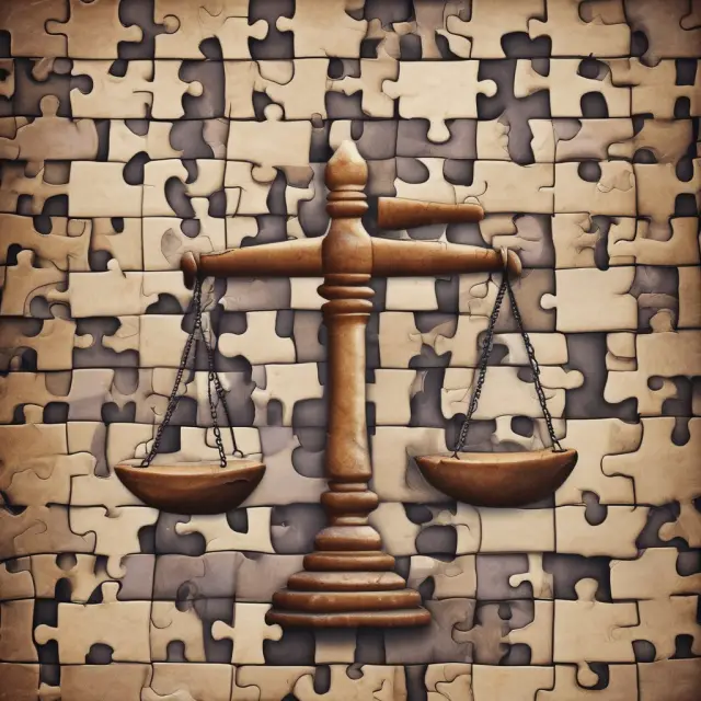 A metaphorical representation of tort law as jigsaw puzzle pieces forming a balanced legal scale, symbolizing fair resolution of personal injury claims.