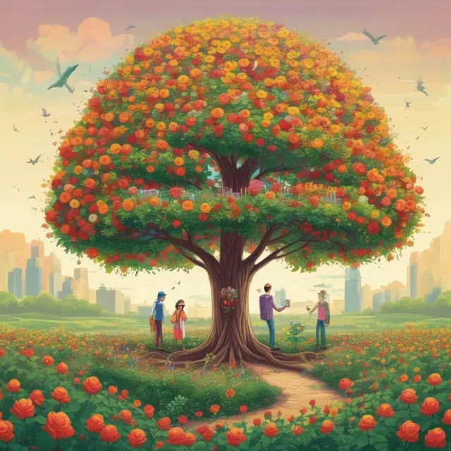 A garden with roses symbolizing government securities, sunflowers for corporate issues, and towering trees as mortgage-backed securities, representing the diverse components of a total bond fund.