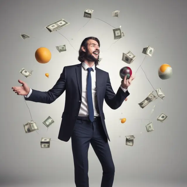 A professional fund manager skillfully juggles and balances a mix of various bond types, illustrating the diversification, flexibility, and cost-effectiveness offered by total bond funds