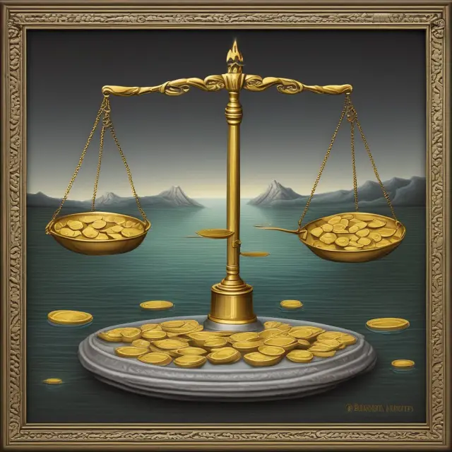 A balance with gold bars symbolizing stocks in one pan, and a lake of coins depicting bonds in the other, illustrating liquidity comparison between bond funds and stock investments.