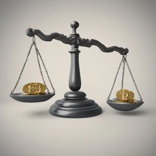 A balance scale with debt (gold bars) and equity (silver coins) determining the company