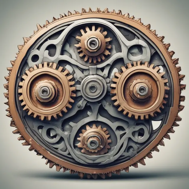 Three interconnected gears symbolizing short-term debt, long-term debt, and shareholders equity in a company