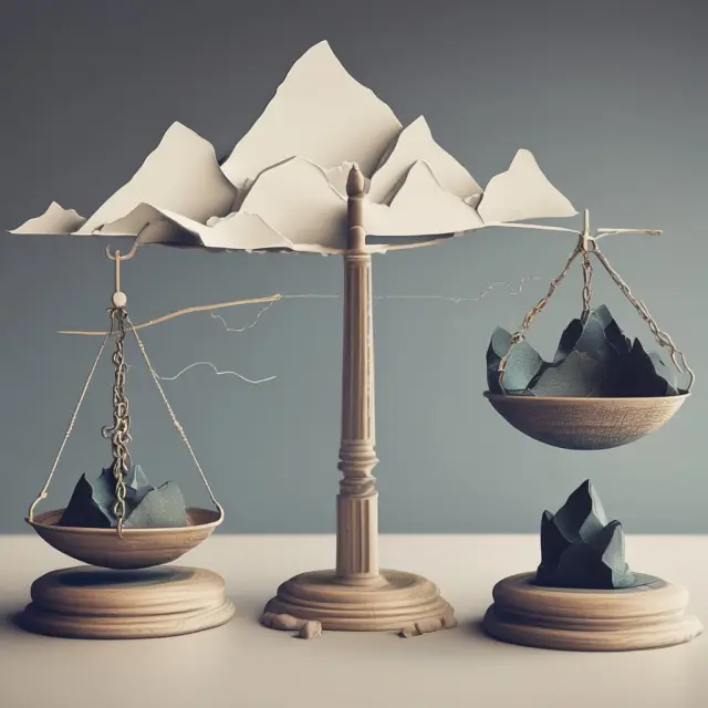 Scales representing debt and equity balanced on a landscape of GDP mountains and interest rate ripples
