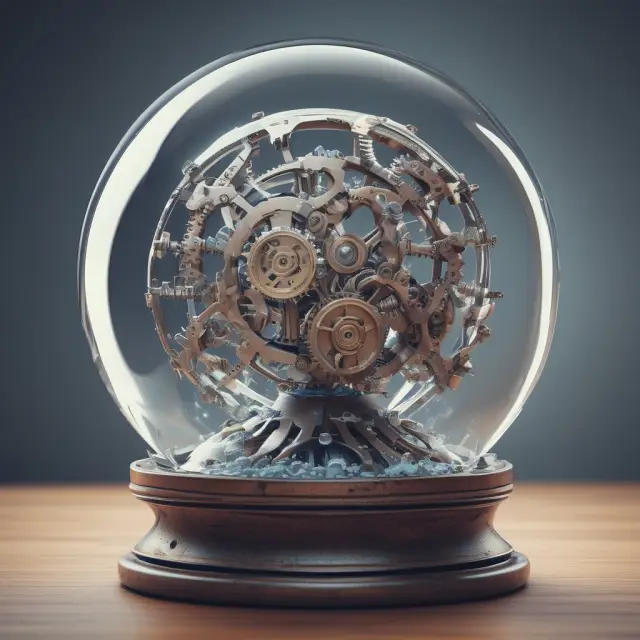 A crystal ball containing interconnected gears signifies the advancements and future developments in debt-to-capitalization ratio analysis.