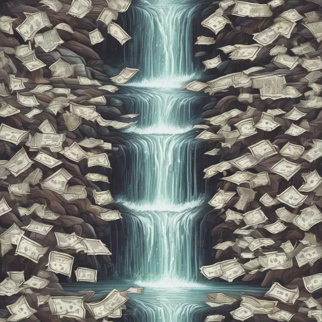 A cascading waterfall illustrating short-term liabilities, including accounts payable, salaries, accrued expenses, unearned revenue, accrued taxes, and short-term loans