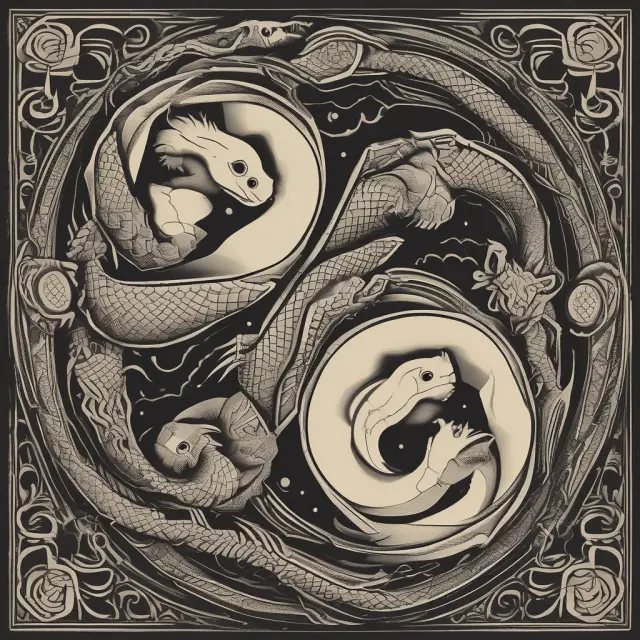 Snakes coiled to form yin-yang symbol: short term and long term liabilities; an additional snake represents other liabilities.