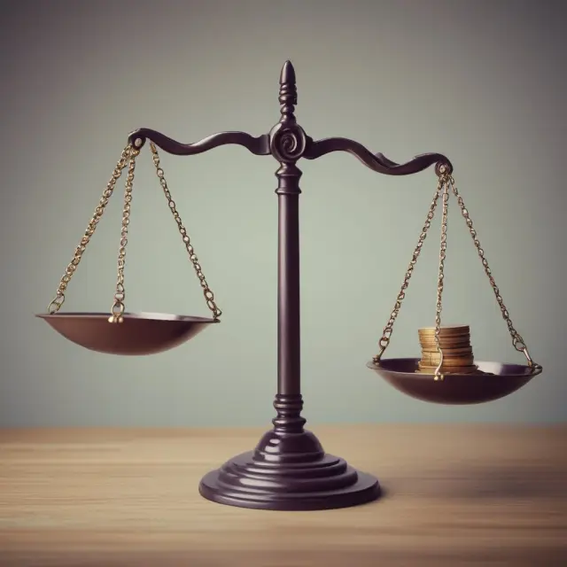 Two sets of scales representing debt and equity, balanced on a corporate landscape background