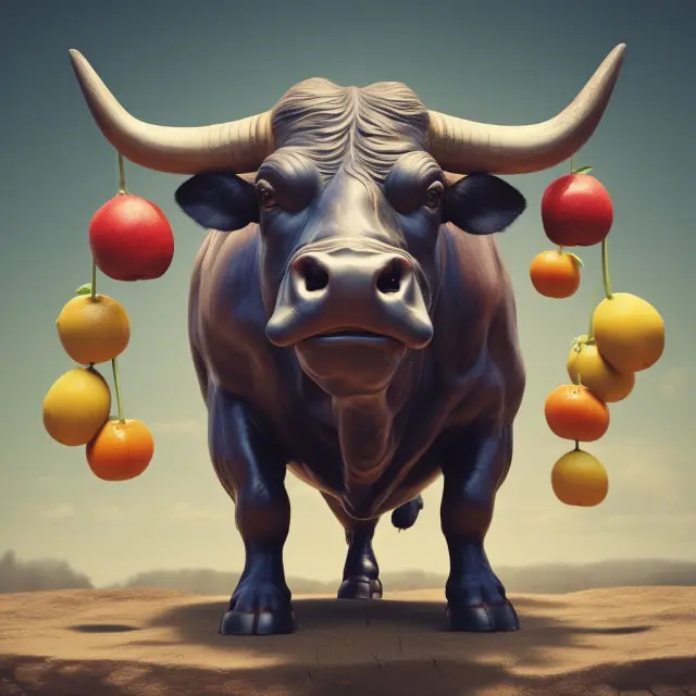 A stock market bull figure holds baskets of dividend-yielding fruits representing comprehensive investment returns (capital gains and cash distributions).