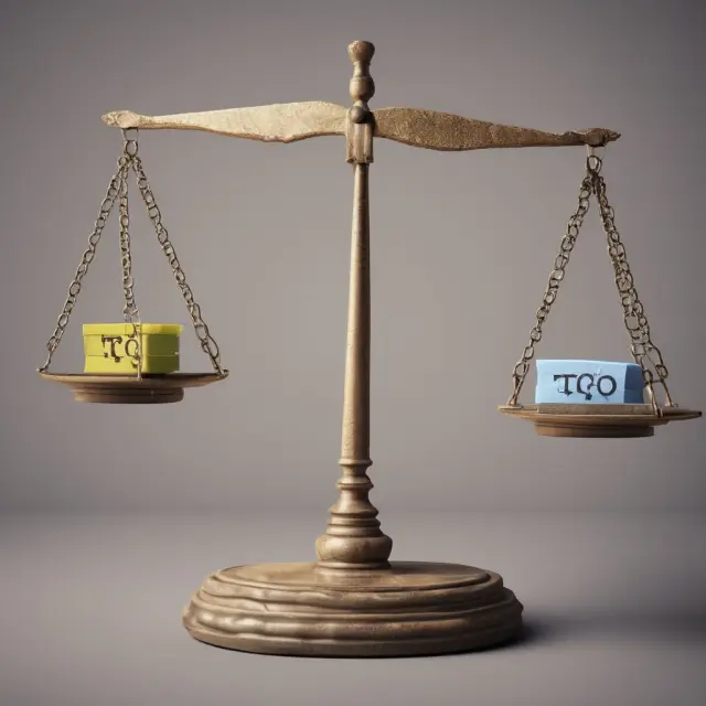 A balance scale illustrating TCO analysis: used asset on one side, and long-term costs (repairs, maintenance, etc.) symbolized as weights on the other