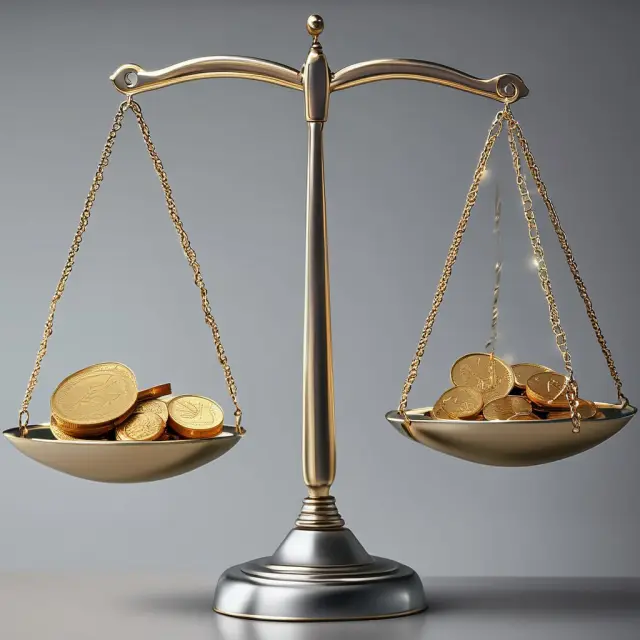 Golden coins symbolize Total Cost of Ownership (TCO), while silver coins represent Net Present Value (NPV) on a balance scale in this financial analysis image.