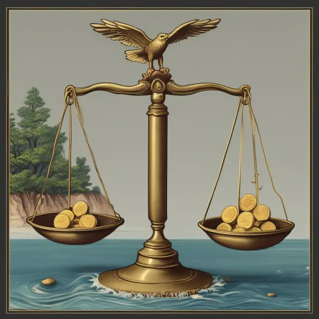 A balance scale with gold coins for income and flowing water for monthly debt payments. An eagle lender assesses the TDS ratio.