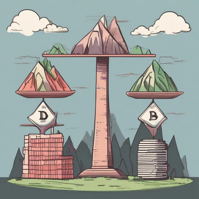 Visualization of a scale weighing Total-Debt-to-Total-Assets ratio with debt as a towering mountain and assets as an elevated hill