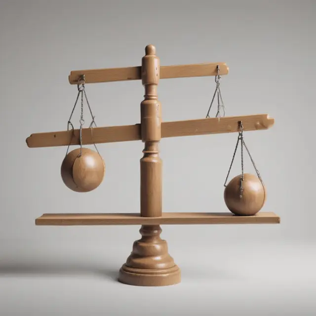 A seesaw balances assets (represented by weights) against debts (represented by counterweights), indicating the total-debt-to-total-assets ratio in financial analysis.