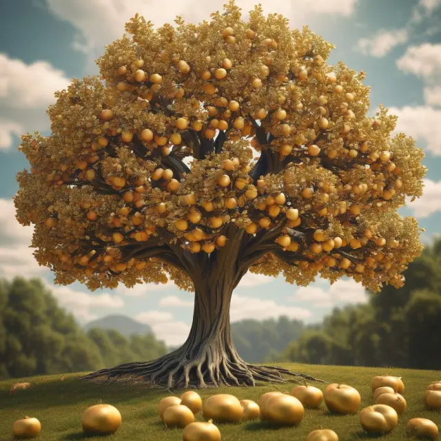 A golden apple tree bursting with apples symbolizing income (interest & dividends) and growth (capital gains), representing total return