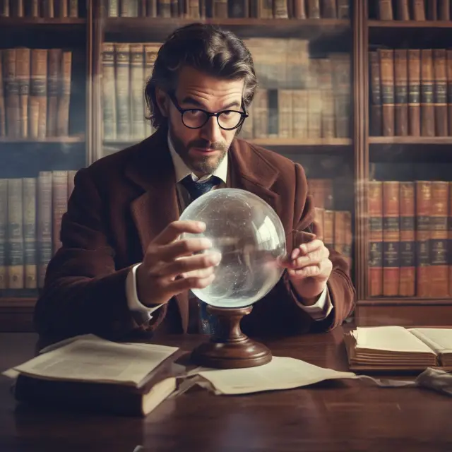 An investor examining stock records using a crystal ball, highlighting T+1, T+2, and T+3 settlement periods significance in receiving dividends and accurate record keeping