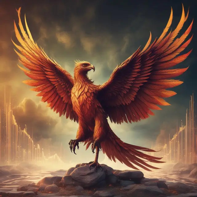 A mythical Phoenix emerging from an old-fashioned stock chart, representing the transformation of passive investing through customized index funds.