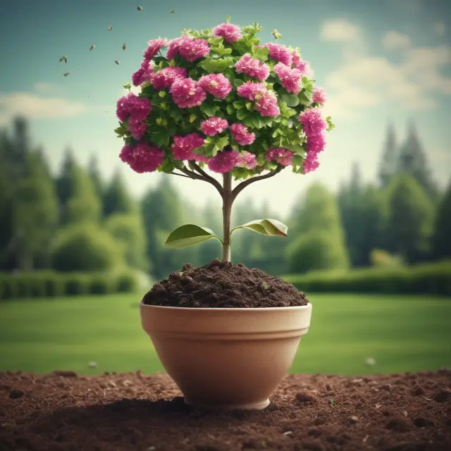 A tranquil garden with capital gains distributions represented by blooming flowers spreading throughout the landscape, emphasizing their impact on investment portfolios