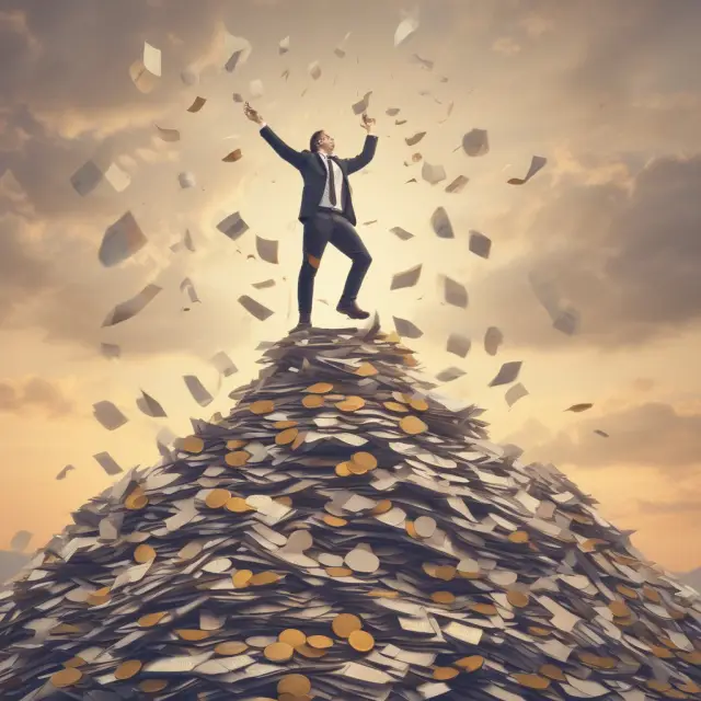 Entrepreneur climbing invoice mountain, reaching for gold coins symbolizing early trade credit repayments