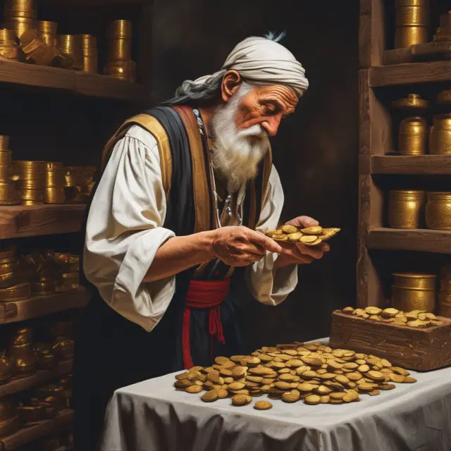 Ancient merchant converting gold coins into invoice streams through accounts receivable financing