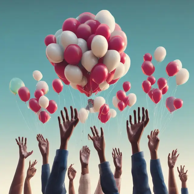 An image of global hands releasing tariff balloons into an open market, representing the advantages of trade liberalization.