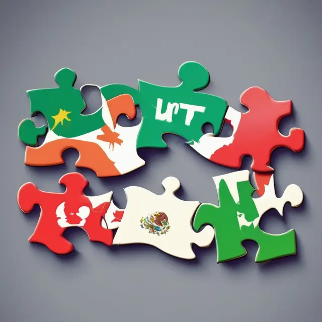Three interconnected puzzle pieces representing the United States, Canada, and Mexico, illustrating NAFTA