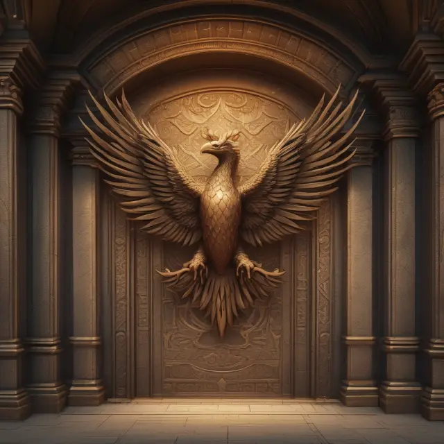 A firebird (phoenix) guards an ancient vault filled with gold coins and documents, representing valuable and protected trade secrets.