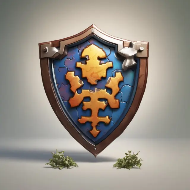 Two guards safeguarding a shield of interconnected puzzle pieces, symbolizing trade secret protection and enforcement